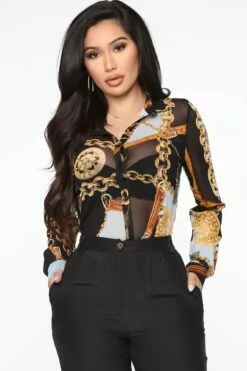 Fashion Nova Take Your Shot Button Down Shirt - Black/combo