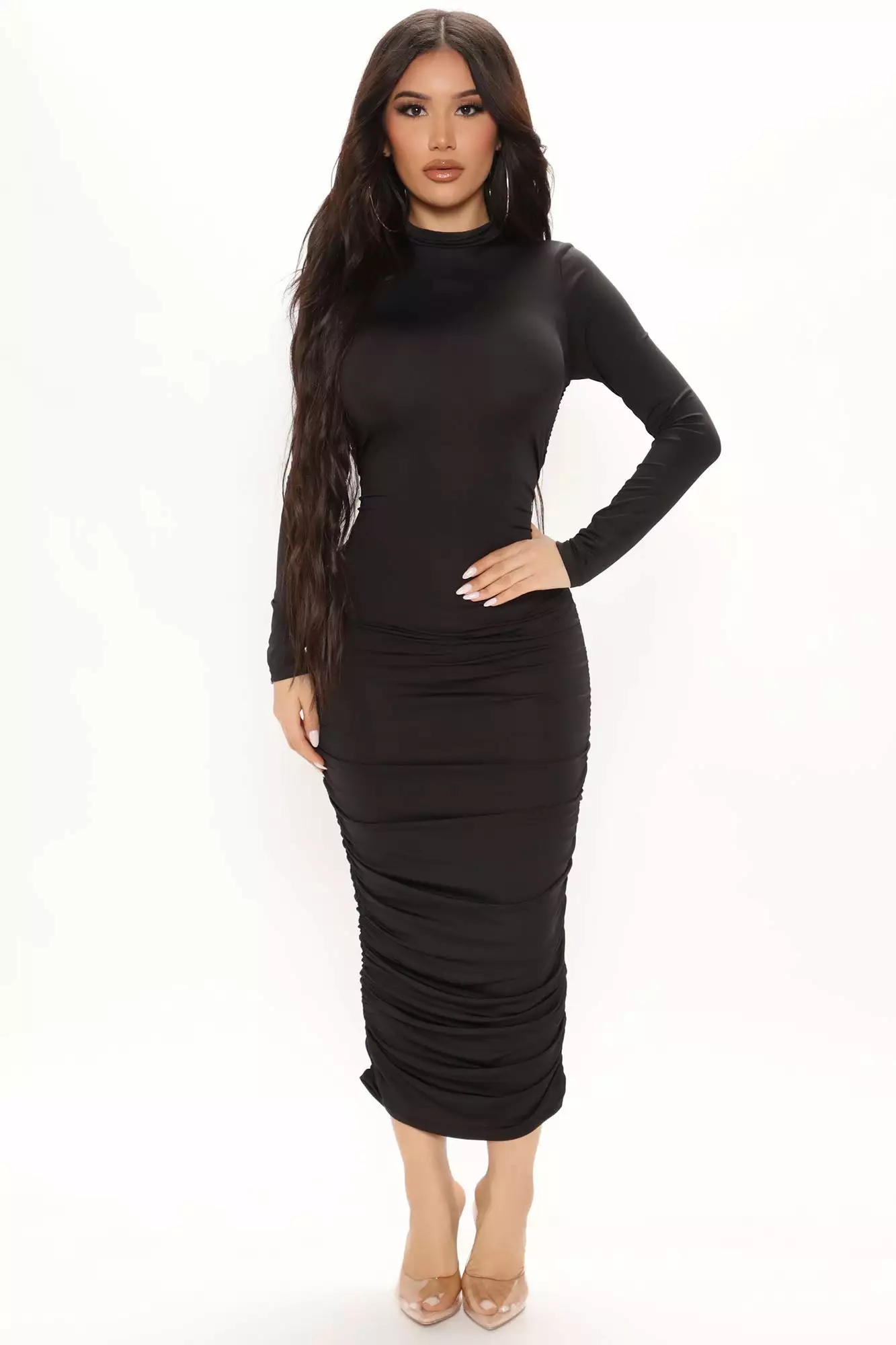 Fashion Nova Cristy Ruched Midi Dress - Black 3 Fashion Nova Cristy Ruched Midi Dress - Black