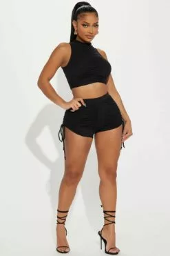 Fashion Nova Never Late Ruched Short Set - Black