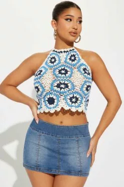 Fashion Nova Kaleidoscopic Crochet Halter Sweater Top - Blue/combo
