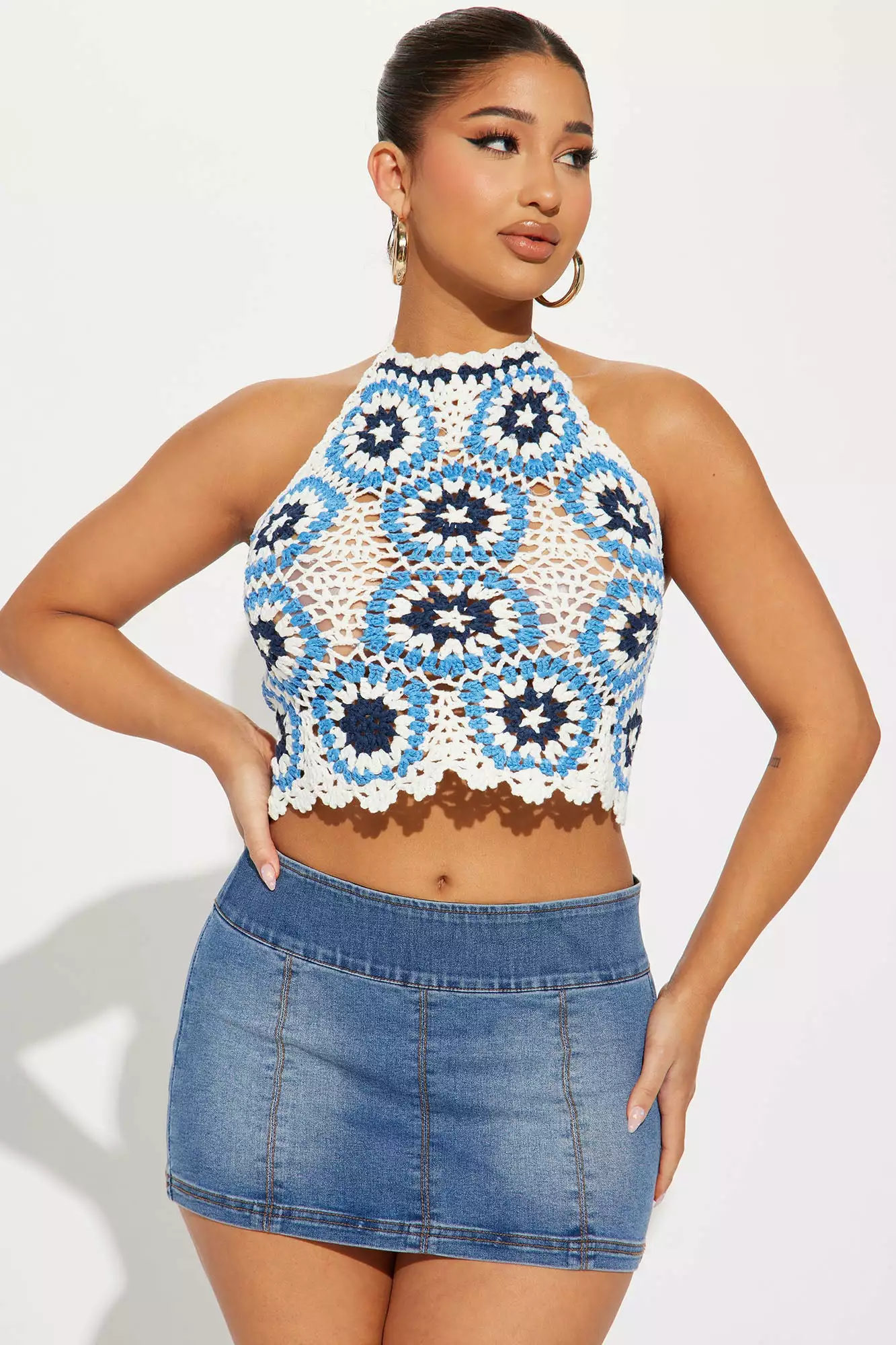Fashion Nova Kaleidoscopic Crochet Halter Sweater Top - Blue/combo 3 Fashion Nova Kaleidoscopic Crochet Halter Sweater Top - Blue/combo