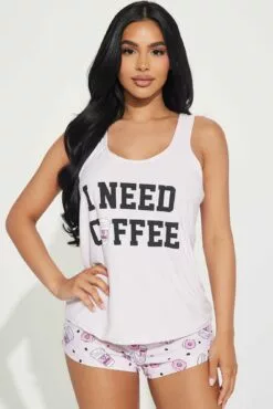 Fashion Nova Need Coffee Now PJ Short Set - Pink/combo