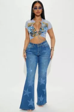 Fashion Nova Seeing Stars Stretch Embellished Flare Jeans - Indigo