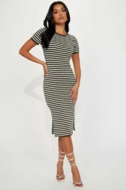 Fashion Nova Striped Midi Dress - Olive/combo