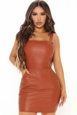 Fashion Nova You're The One Faux Leather Mini Dress - Rust