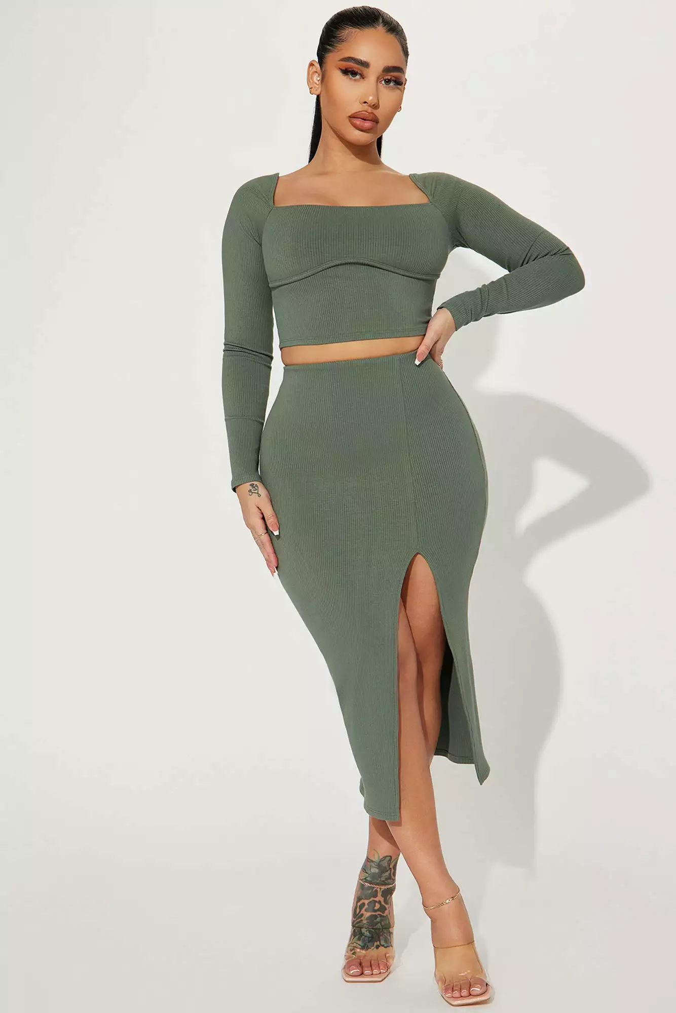Fashion Nova Selene Snatched Skirt Set - Olive 2 3 Fashion Nova Selene Snatched Skirt Set - Olive 2