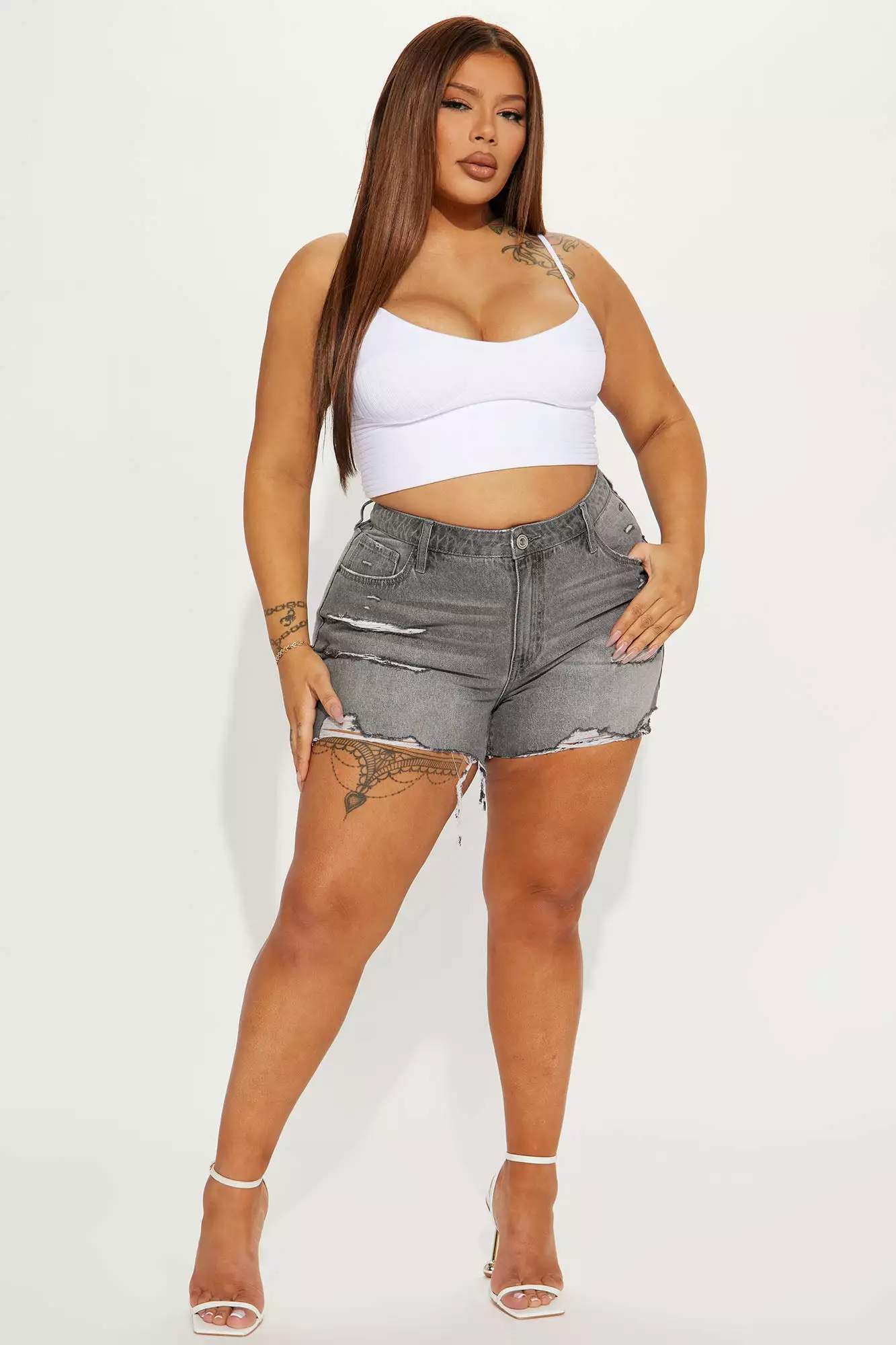 Fashion Nova Knock Out Ripped Non Stretch Denim Shorts - Grey - Image 5