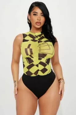 Fashion Nova Show Stoppin' Mesh Bodysuit - Yellow/combo