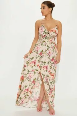 Fashion Nova Floral High Slit Maxi Dress - Tan