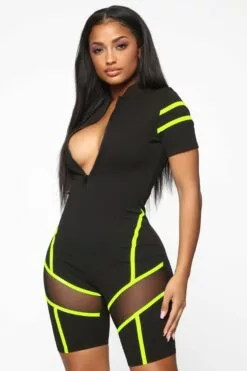 Fashion Nova Highest Level Romper - Black/Neon Yellow