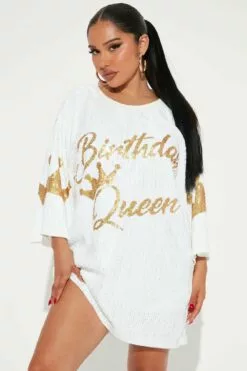 Fashion Nova Birthday Queen Sequin Tunic - White