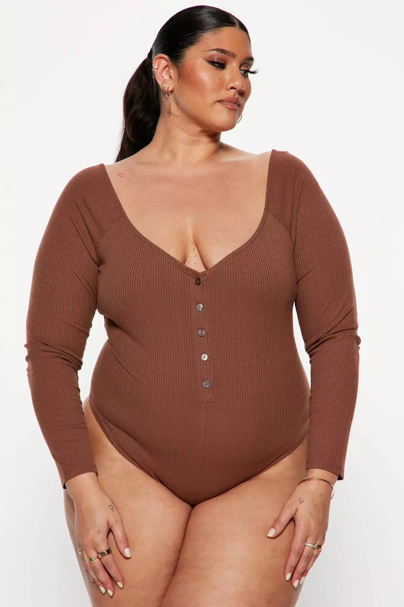 Fashion Nova Hazel Ribbed Henley Bodysuit - Chocolate 7 Fashion Nova Hazel Ribbed Henley Bodysuit - Chocolate - Image 5