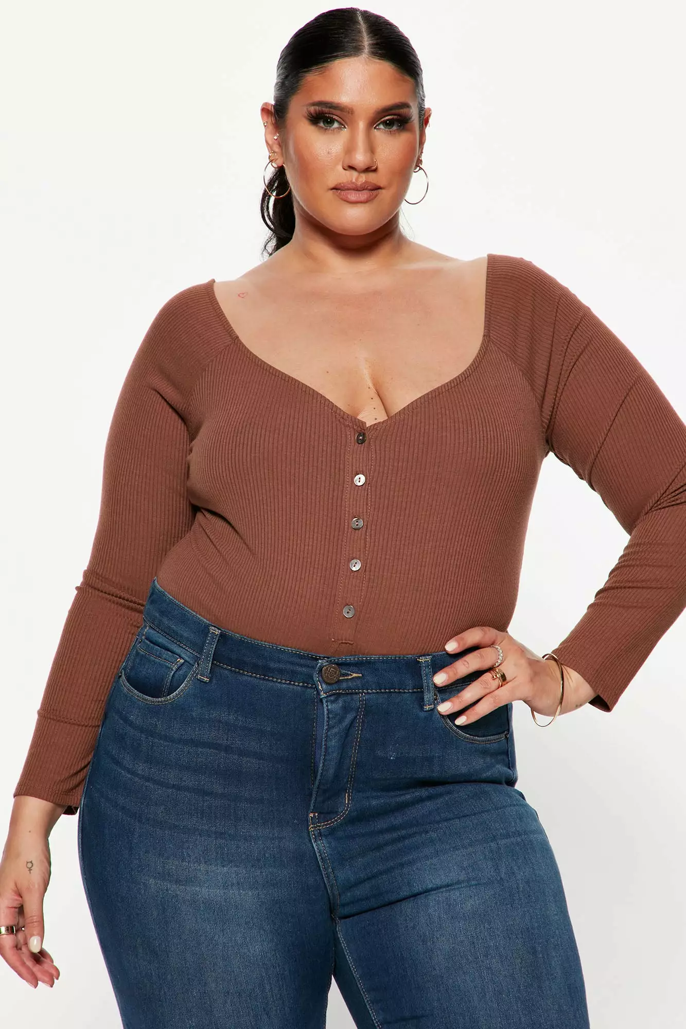 Fashion Nova Hazel Ribbed Henley Bodysuit - Chocolate 9 Fashion Nova Hazel Ribbed Henley Bodysuit - Chocolate - Image 7