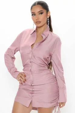 Fashion Nova Wisdom Ruched Shirt Dress - Mauve