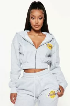 Fashion Nova Lakers Cropped Zip Hoodie - Heather Grey