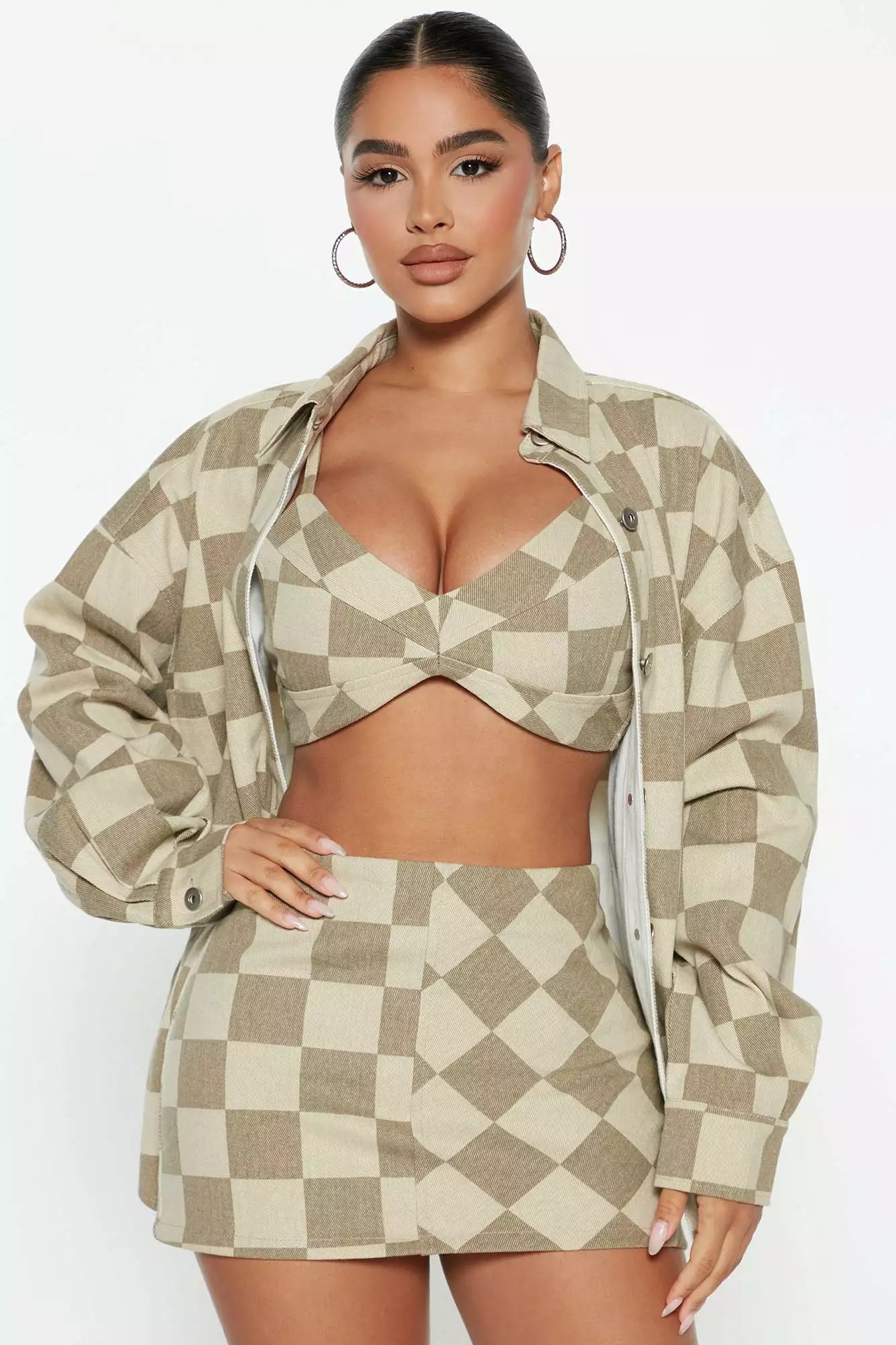 Fashion Nova Checked Out 3 Piece Skirt Set - Taupe/combo 5 Fashion Nova Checked Out 3 Piece Skirt Set - Taupe/combo - Image 3