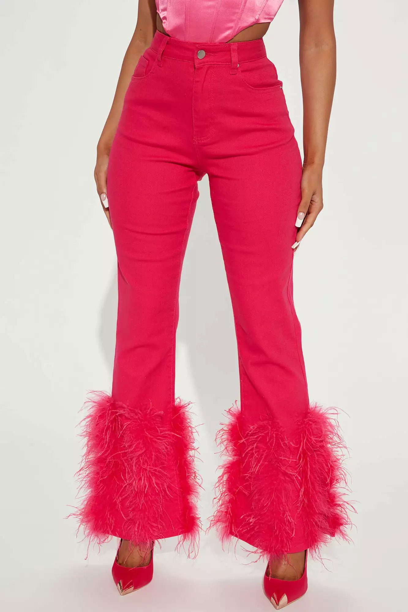 Fashion Nova Fancy Feathers Slit Hem Straight Leg Jeans - Pink 3 Fashion Nova Fancy Feathers Slit Hem Straight Leg Jeans - Pink - Image 2