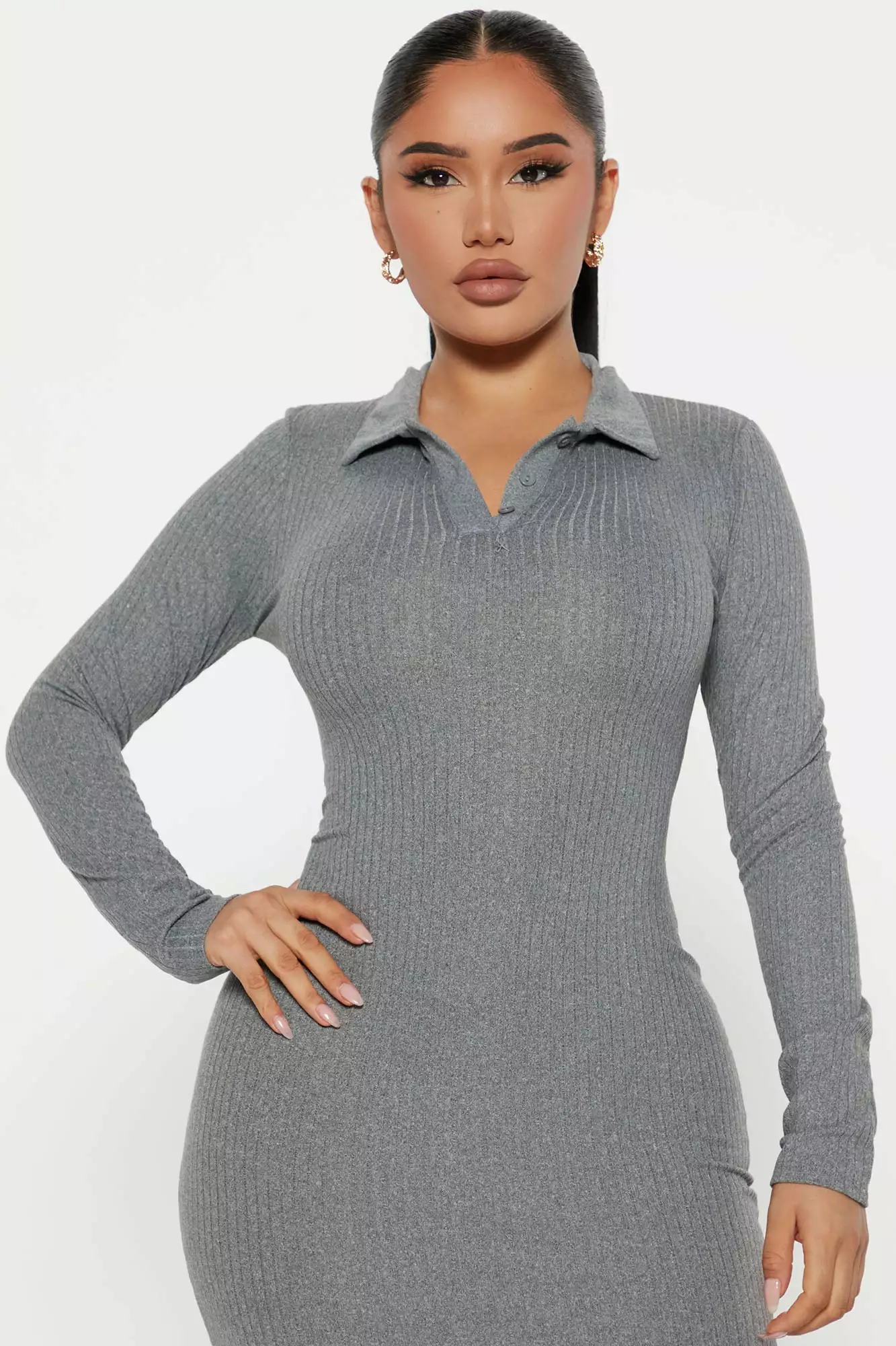 Fashion Nova Catrina Collared Midi Dress - Heather Grey 4 Fashion Nova Catrina Collared Midi Dress - Heather Grey - Image 2