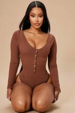 Fashion Nova Hazel Ribbed Henley Bodysuit - Chocolate