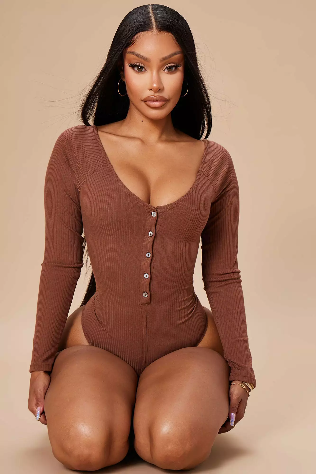 Fashion Nova Hazel Ribbed Henley Bodysuit - Chocolate 3 Fashion Nova Hazel Ribbed Henley Bodysuit - Chocolate