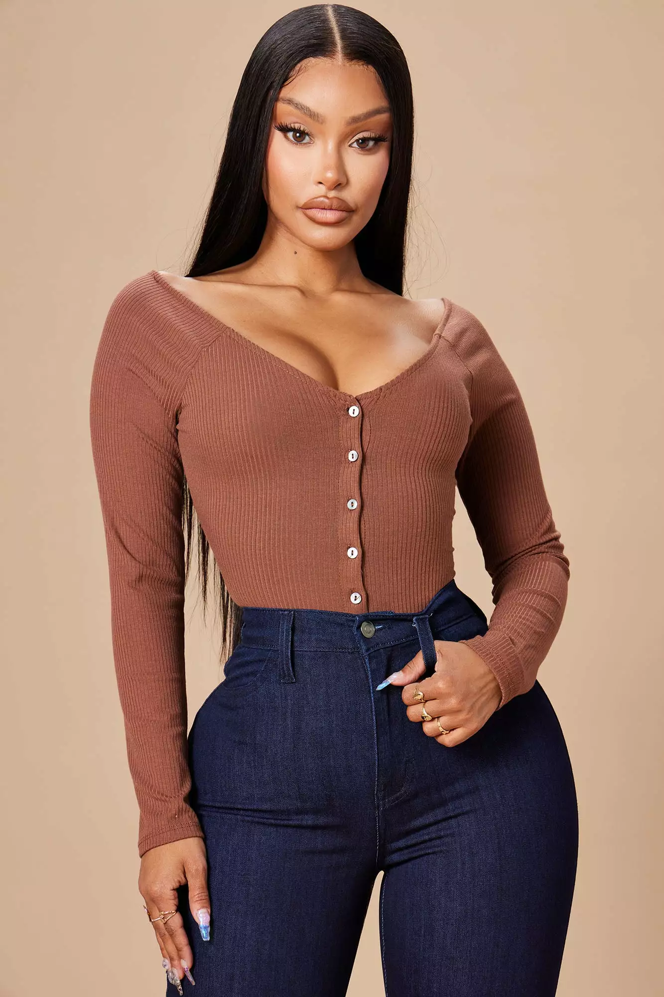 Fashion Nova Hazel Ribbed Henley Bodysuit - Chocolate 4 Fashion Nova Hazel Ribbed Henley Bodysuit - Chocolate - Image 2