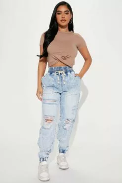 Fashion Nova Most Wanted Stone Wash Jogger Jeans - Stone Blue Wash
