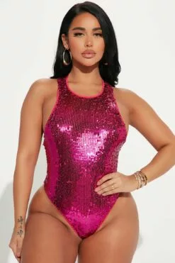 Fashion Nova See You There Sequin Bodysuit - Hot Pink