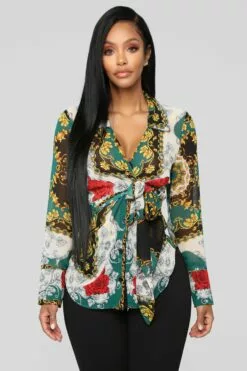 Fashion Nova Talk To Me Printed Blouse - Green/combo