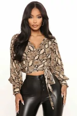 Fashion Nova Right In Plain Sight Wrap Blouse - Brown/combo