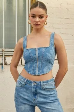 Fashion Nova Daisy Chain Denim Corset Top - Light Blue Wash