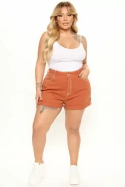 Fashion Nova Brighter Days Ahead Roll Cuff Denim Mom Shorts - Rust -Fashion Nova Sales 12 29 21Studio1 ME KP 13 45 29 45 ZDSO6007 Rust 5804 PLUS PB