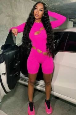 Fashion Nova Abigail Cut Out Romper - Neon Pink