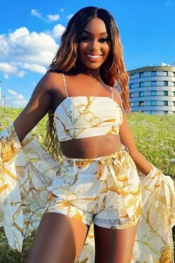 Fashion Nova Flying So Far 3 Piece Tropical Short Set - Ivory/combo