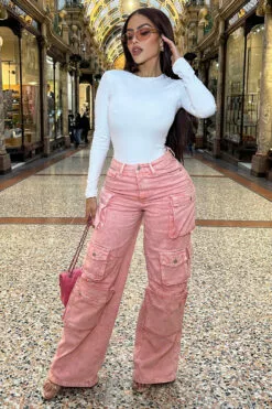 Fashion Nova Lily High Rise Cargo Jeans - Pink
